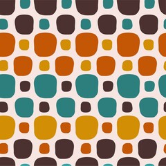 Abstract vector seamless pattern of orange, turquoise, yellow squares on the white background. 