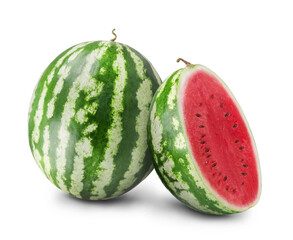 Ripe juicy watermelon and sliced watermelon slices isolated on white background. Fresh fruits.