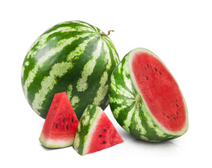 Ripe juicy watermelon and sliced watermelon slices isolated on white background. Fresh fruits.