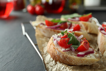 Concept of tasty food with bruschetta snacks