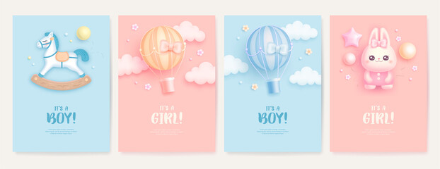 Set of baby shower invitation with cartoon horse, rabbit and hot air balloon on blue and pink background. It's a boy. It's a girl. Vector illustration