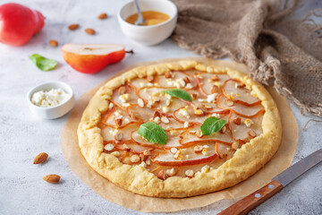 Pear Feta cheese honey galette with ingredients it consist