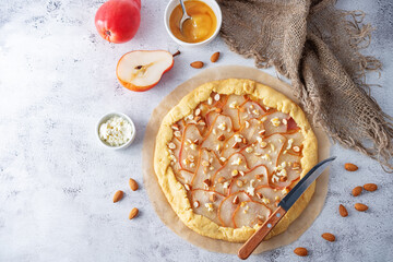 Pear Feta cheese honey galette with ingredients it consist