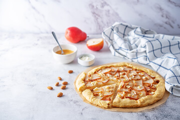 Pear Feta cheese honey galette with ingredients it consist