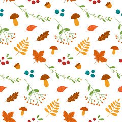 seamless pattern autumn leaves mushrooms and berries