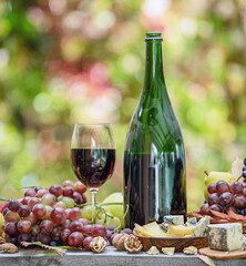 Grapes, bottle of wine and different cheeses on country wooden table and blurred colorful autumn background. Variety of products as the symbol of autumn abundance and prosperity.