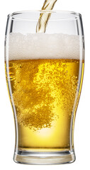 Pouring beer into the beer glass with foam and gas bubbles on white background. File contains clipping path.