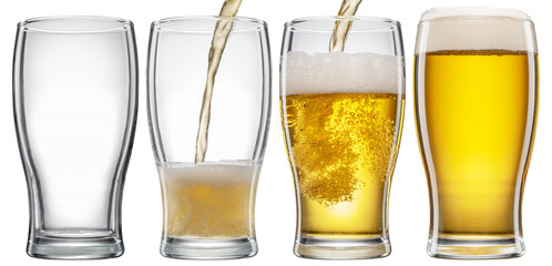 Set of four glasses with different beer level. Pouring beer into the beer glass isolated on white...