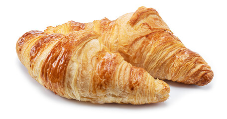 Tasty crusty croissants close-up on a white background.