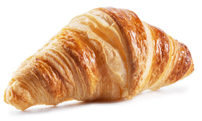 Tasty crusty croissant close-up on a white background.