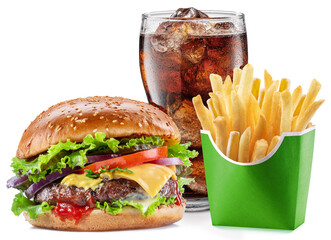 Delicious cheeseburger with cola and potato fries on the white background. Fast food concept.