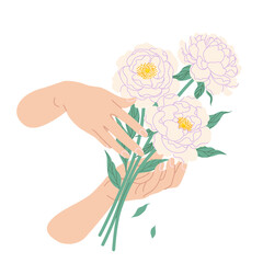 Female Hands Holding Bunch of Blooming Peony