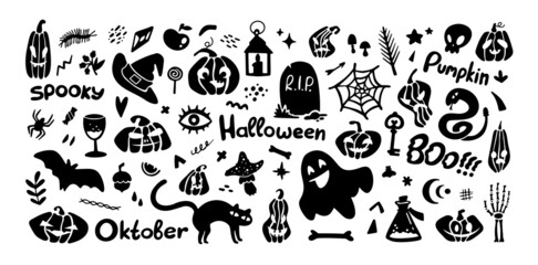 Obraz premium Set of Halloween elements, pumpkin and silhouette collection, black illustration isolated on white background. Perfect for holiday decoration Happy Halloween, stickers, flyers. Vector