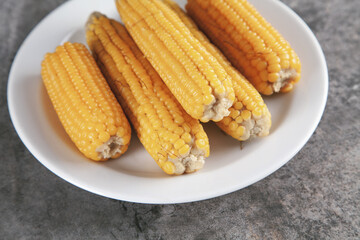 Boiled corn on a white plate.