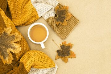 Top view photo of orange sweater with cup of tea and yellow autumn leaves and pine cones