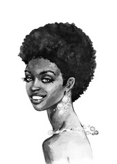 Hand drawn young African woman. Watercolor fashion portrait on white background. Painting realistic black and white illustration in vintage style.