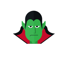 vampire head wearing black and red cape. Cute cartoon vampire character. Green face with fangs. Happy Halloween. Greeting card. Flat design. White background. Isolated. Vector illustration