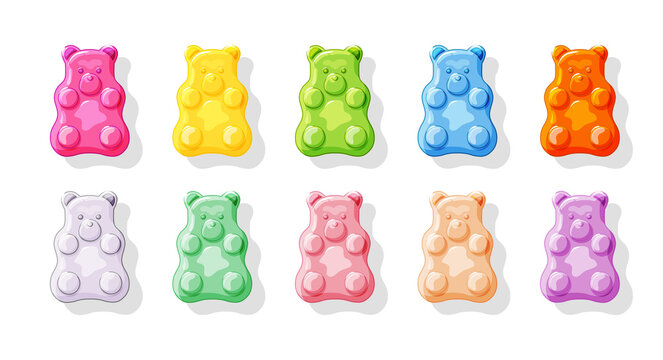 Various jelly bears set on a white isolated background. Multi-colored Gummies. Sweet candies. Cartoon vector illustration of vitamins