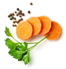 Carrot, black pepper, onion and parsley isolated on white, from above