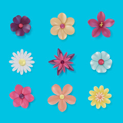Realistic Detailed 3d Colorful Daisy Flower Set on a Blue Background. Vector illustration of Plasticine Floral Plant