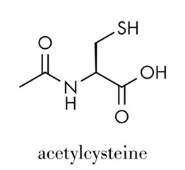 Acetylcysteine (NAC) mucolytic drug molecule. Also used to treat paracetamol overdose, Skeletal formula.