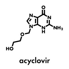 acyclovir antiviral drug molecule. Used in treatment of herpes simplex virus (cold sores), herpes zoster (shingles) and varicella zoster (chickenpox). Skeletal formula.