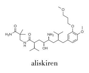 Obraz premium Aliskiren hypertension or high blood pressure drug (renin inhibitor class) molecule. Skeletal formula.