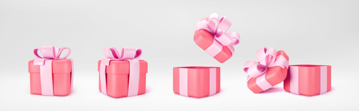 3d red gift boxes open and closed standing on the floor with pink pastel ribbon bow isolated on a light background. 3d render modern holiday surprise box. Realistic vector icons.