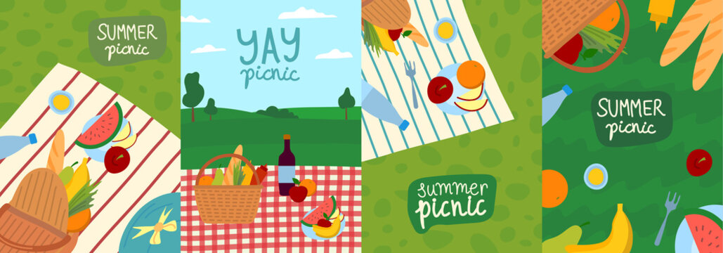 Cartoon Color Summer Picnic Concept Banner Poster Card Set Flat Design Style. Vector illustration of Outdoor Summertime Party