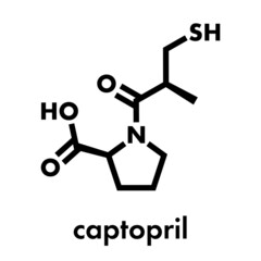 Captopril high blood pressure (hypertension) drug. An angiotensin-converting enzyme inhibitor (ACE inhibitor) Skeletal formula.
