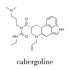 Cabergoline drug molecule. Used in Parkinson's disease and other disease conditions. Skeletal formula.