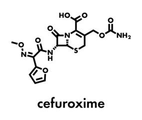 Cefuroxime second generation cephalosporin antibiotic molecule. Skeletal formula.