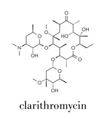 Clarithromycin antibiotic drug (macrolide class) molecule. Skeletal formula.