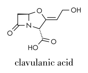 Clavulanic acid beta-lactamase blocker drug molecule. Often combined with beta-lactam class antibiotics. Skeletal formula.