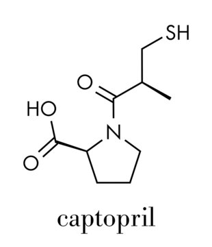 Captopril high blood pressure (hypertension) drug. An angiotensin-converting enzyme inhibitor (ACE inhibitor) Skeletal formula.