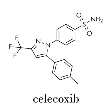 Celecoxib pain and inflammation drug (NSAID) molecule. Skeletal formula.