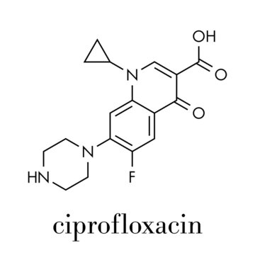 Ciprofloxacin antibiotic drug (fluoroquinolone class) molecule. Skeletal formula.