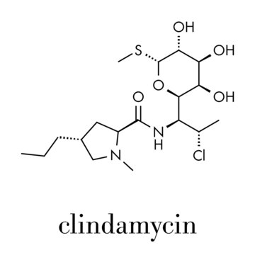 Clindamycin antibiotic drug (lincosamide class) molecule. Skeletal formula.