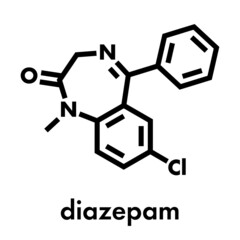 Diazepam sedative and hypnotic drug (benzodiazepine class) molecule. Skeletal formula.