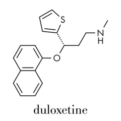 Duloxetine antidepressant drug (SNRI class) molecule. Also used in fibromyalgia treatment, etc. Skeletal formula.