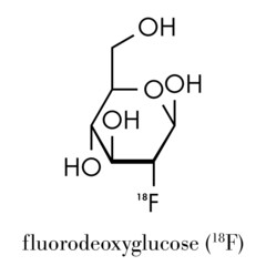 Fludeoxyglucose 18F (fluorodeoxyglucose 18F, FDG) cancer imaging diagnostic drug molecule. Contains radioactive isotope fluorine-18. Skeletal formula.