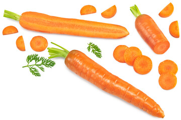 sliced carrot with green leaves isolated on white background. clipping path. top view - obrazy, fototapety, plakaty
