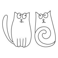 Two cats are looking at each other, drawn in doodle style. Vector outline illustration isolated on white background. Coloring Book Page