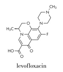 Levofloxacin antibiotic drug (fluoroquinolone class) molecule. Skeletal formula.