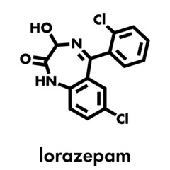 Lorazepam sedative and hypnotic drug (benzodiazepine class) molecule. Skeletal formula.