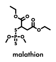 Malathion insecticide molecule. Used to treat head lice, body lice, scabies and in agriculture. Skeletal formula.