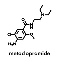 Metoclopramide nausea and vomiting treatment drug molecule. Skeletal formula.