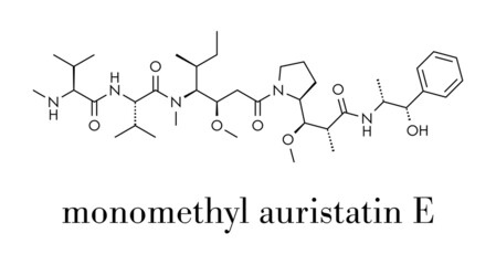 Monomethyl auristatin E (MMAE, vedotin), the cytotoxic payload of brentuximab vedotin antibody-drug conjugate. Skeletal formula.