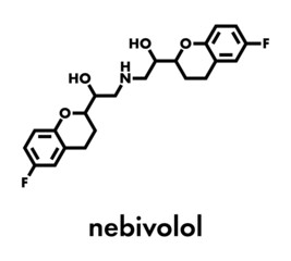 Nebivolol beta blocker drug molecule. Used to treat high blood pressure (hypertension) Skeletal formula.