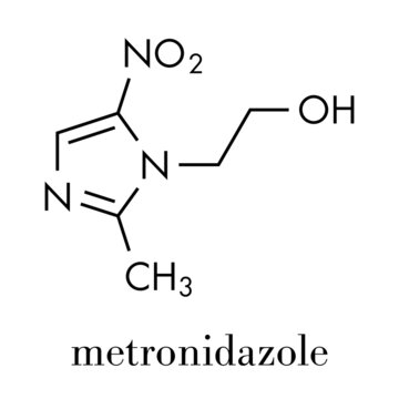 Metronidazole antibiotic drug (nitroimidazole class) molecule. Skeletal formula.